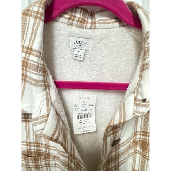 J.Crew Tan Cream Plaid Sherpa Lined Long Sleeve Button Down Shirt Jacket Size M - Picture 4 of 5